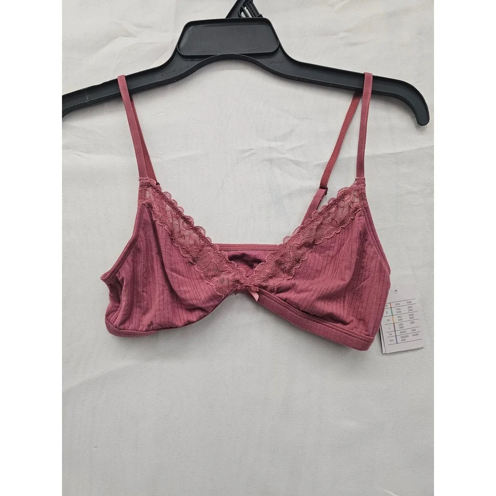 Auden Unlined Triangle‎ Bralette Burgundy Ribbed Lace Trim Small E7LLRM New